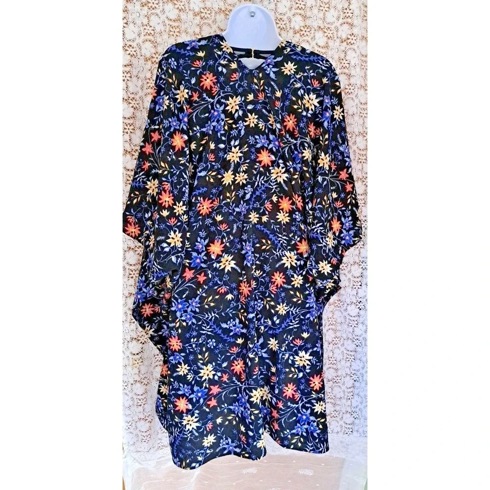 Time and Tru Kimono Coverup One Size Black‎ Floral Ruana Shawl Wrap Beachy Boho